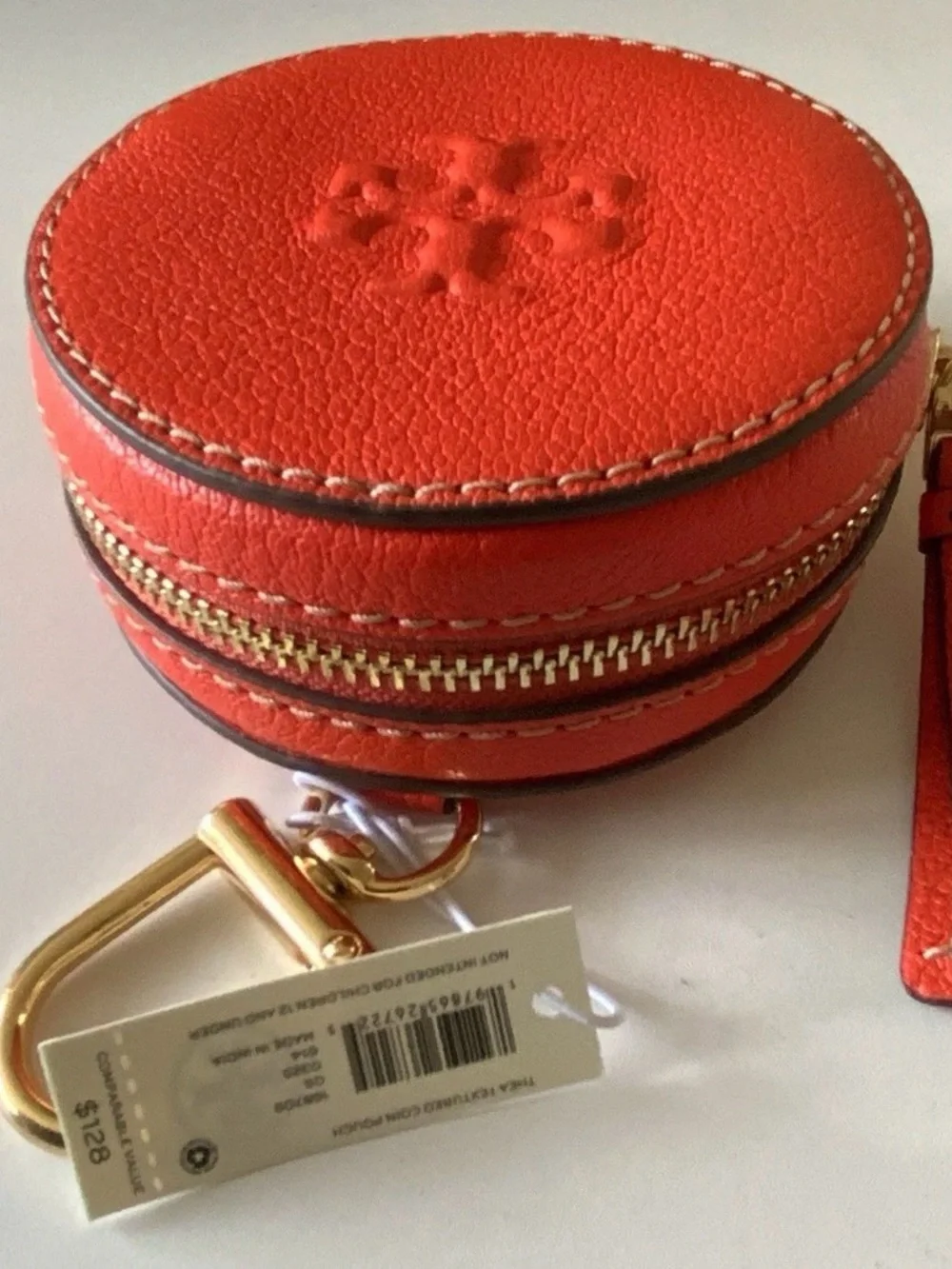 Tory Burch Round Embossed Leather Coin Case in Bright Orange-Red